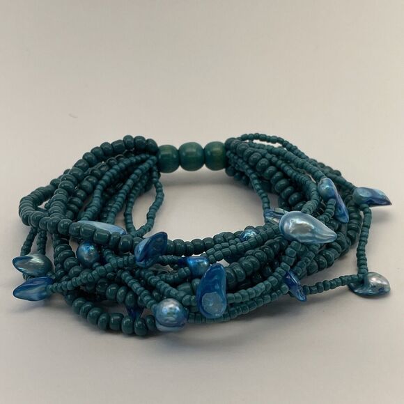 Vintage Stretch Bracelet Blue Turquoise Small Chip Mother of Pearl Wide B#8 - Picture 7 of 8